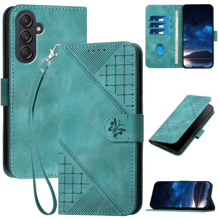 YX0080 Grid Butterfly Embossed Pattern Flip Leather Phone Case with Lanyard