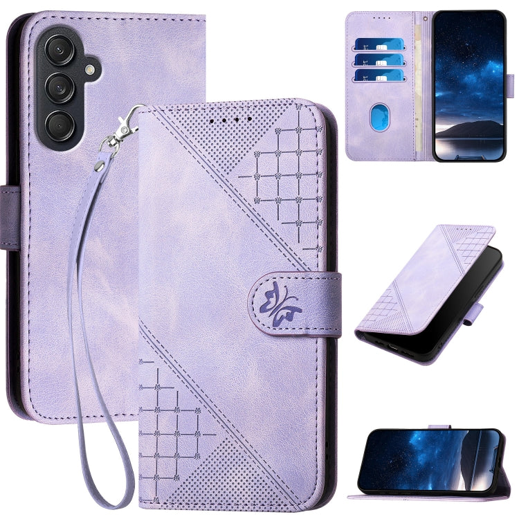 YX0080 Grid Butterfly Embossed Pattern Flip Leather Phone Case with Lanyard