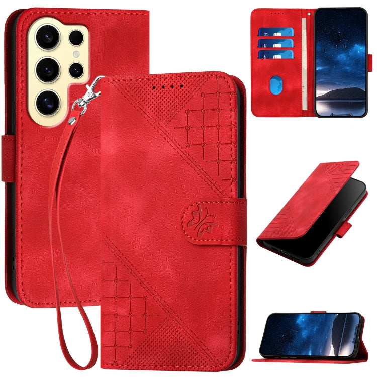 YX0080 Grid Butterfly Embossed Pattern Flip Leather Phone Case with Lanyard