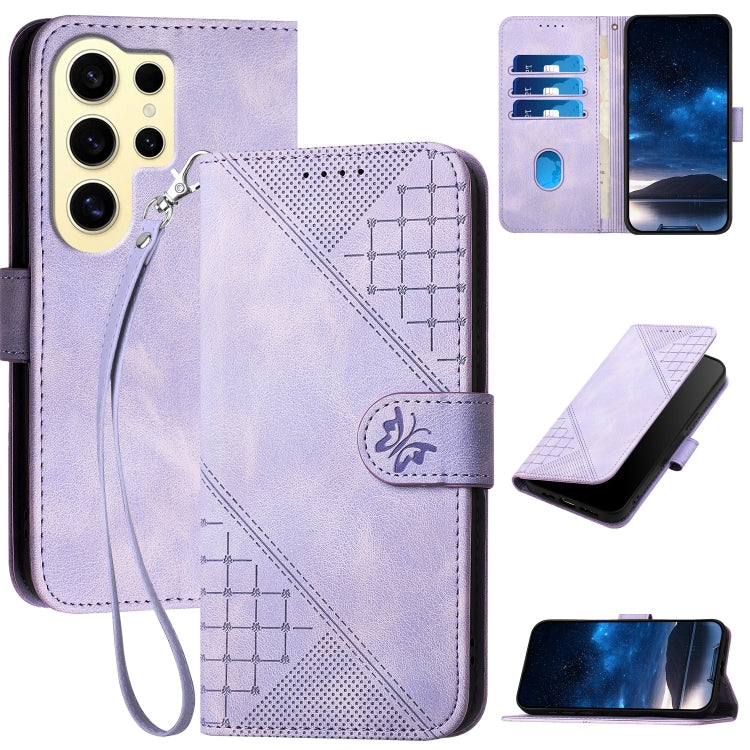 YX0080 Grid Butterfly Embossed Pattern Flip Leather Phone Case with Lanyard