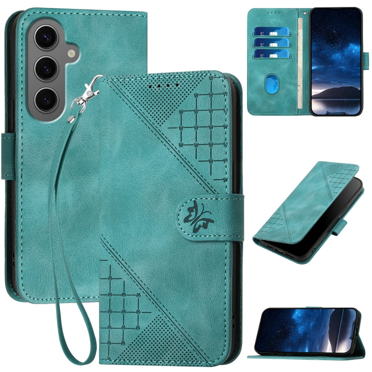 YX0080 Grid Butterfly Embossed Pattern Flip Leather Phone Case with Lanyard
