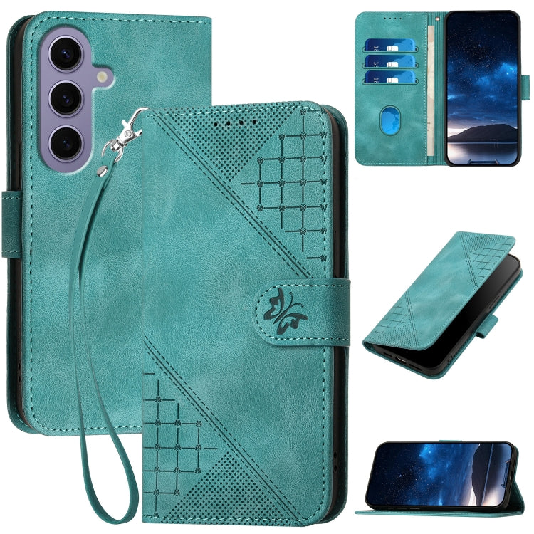 YX0080 Grid Butterfly Embossed Pattern Flip Leather Phone Case with Lanyard