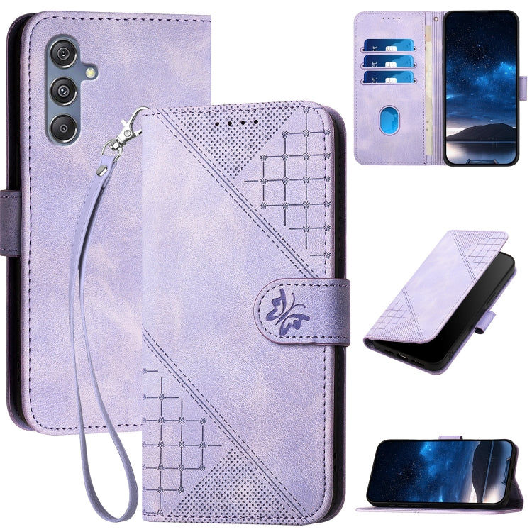 YX0080 Grid Butterfly Embossed Pattern Flip Leather Phone Case with Lanyard