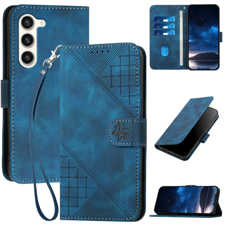 YX0080 Grid Butterfly Embossed Pattern Flip Leather Phone Case with Lanyard, For Samsung Galaxy S23+ 5G, For Samsung Galaxy S23 5G, For Samsung Galaxy M53 5G, For Samsung Galaxy M33 5G Global
