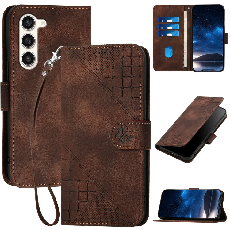 YX0080 Grid Butterfly Embossed Pattern Flip Leather Phone Case with Lanyard, For Samsung Galaxy S23+ 5G, For Samsung Galaxy S23 5G, For Samsung Galaxy M53 5G, For Samsung Galaxy M33 5G Global