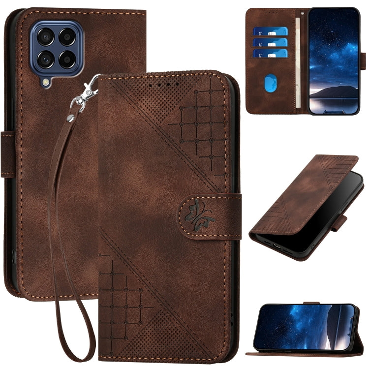 YX0080 Grid Butterfly Embossed Pattern Flip Leather Phone Case with Lanyard, For Samsung Galaxy S23+ 5G, For Samsung Galaxy S23 5G, For Samsung Galaxy M53 5G, For Samsung Galaxy M33 5G Global