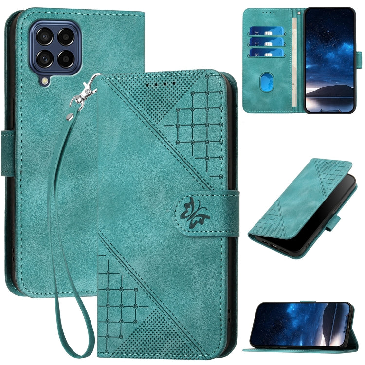 YX0080 Grid Butterfly Embossed Pattern Flip Leather Phone Case with Lanyard, For Samsung Galaxy S23+ 5G, For Samsung Galaxy S23 5G, For Samsung Galaxy M53 5G, For Samsung Galaxy M33 5G Global