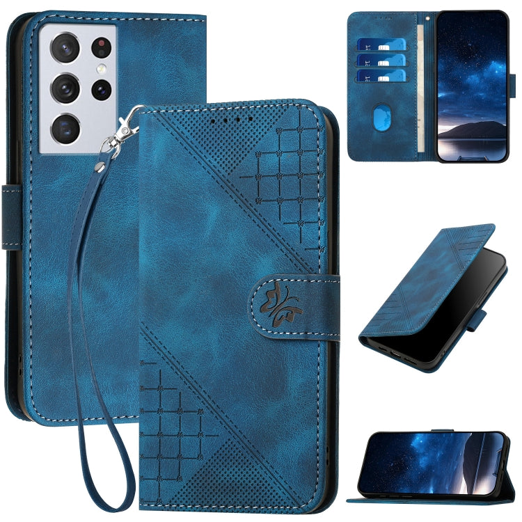 YX0080 Grid Butterfly Embossed Pattern Flip Leather Phone Case with Lanyard