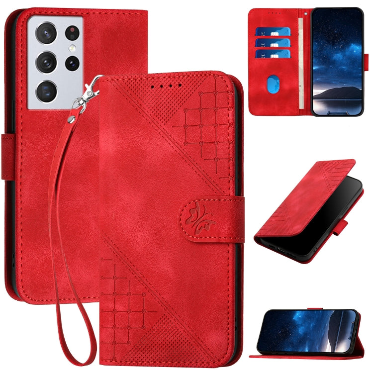 YX0080 Grid Butterfly Embossed Pattern Flip Leather Phone Case with Lanyard