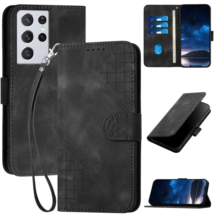 YX0080 Grid Butterfly Embossed Pattern Flip Leather Phone Case with Lanyard