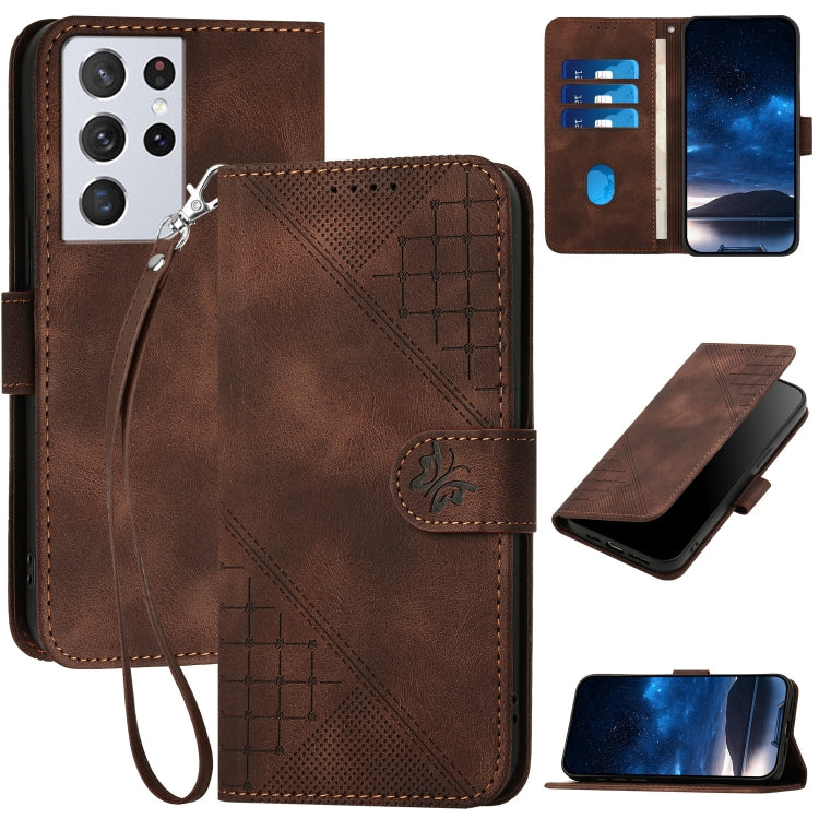 YX0080 Grid Butterfly Embossed Pattern Flip Leather Phone Case with Lanyard