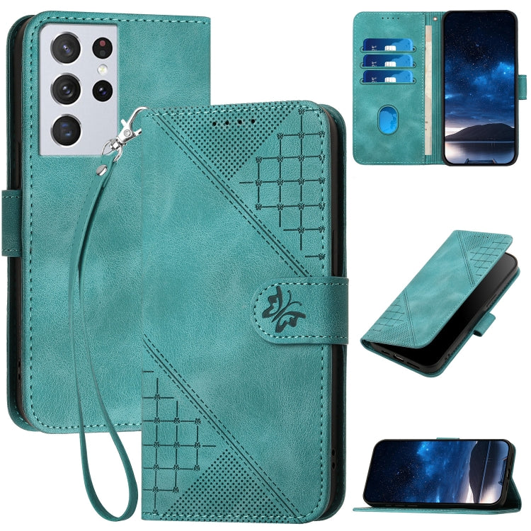 YX0080 Grid Butterfly Embossed Pattern Flip Leather Phone Case with Lanyard