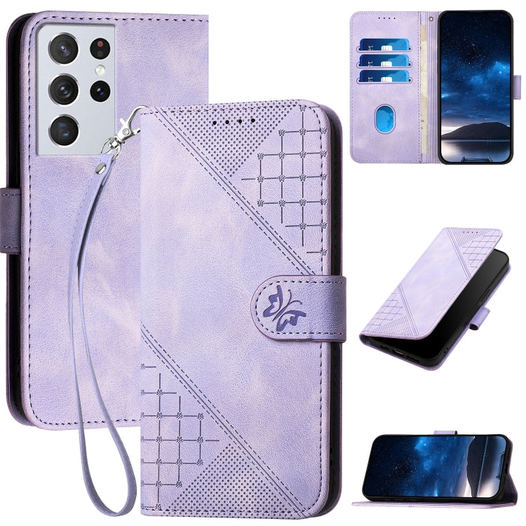 YX0080 Grid Butterfly Embossed Pattern Flip Leather Phone Case with Lanyard