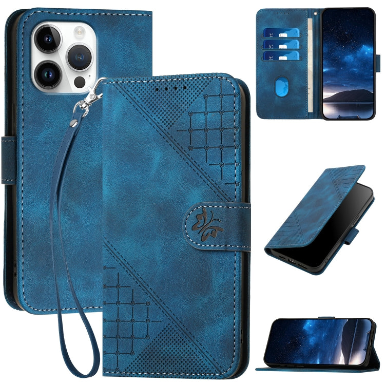 YX0080 Grid Butterfly Embossed Pattern Flip Leather Phone Case with Lanyard, iPhone 16e, For iPhone 16 Pro Max, For iPhone 16 Pro, For iPhone 16 Plus