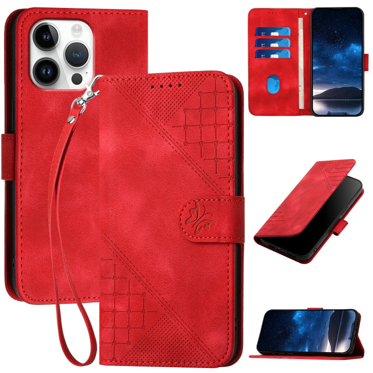 YX0080 Grid Butterfly Embossed Pattern Flip Leather Phone Case with Lanyard, iPhone 16e, For iPhone 16 Pro Max, For iPhone 16 Pro, For iPhone 16 Plus