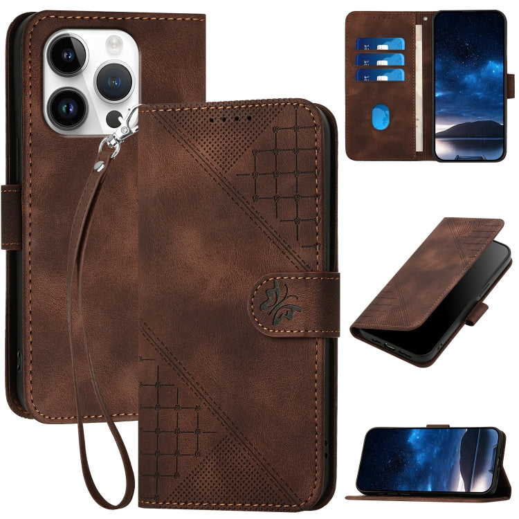 YX0080 Grid Butterfly Embossed Pattern Flip Leather Phone Case with Lanyard, iPhone 16e, For iPhone 16 Pro Max, For iPhone 16 Pro, For iPhone 16 Plus