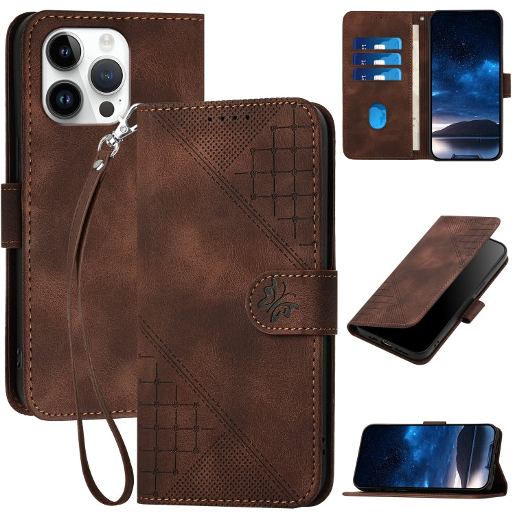 YX0080 Grid Butterfly Embossed Pattern Flip Leather Phone Case with Lanyard, For iPhone 16, For iPhone 15 Pro Max, For iPhone 15 Pro, For iPhone 15 Plus
