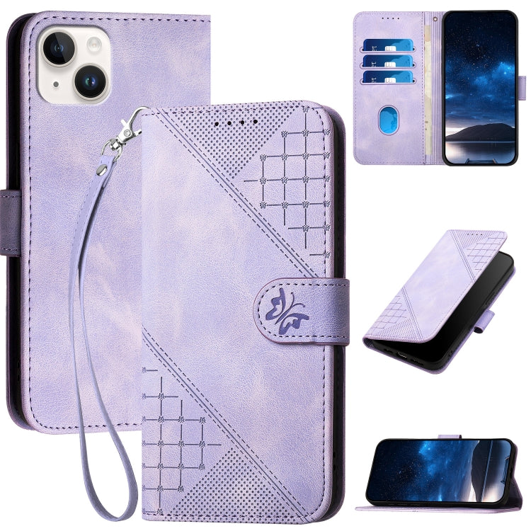 YX0080 Grid Butterfly Embossed Pattern Flip Leather Phone Case with Lanyard, For iPhone 16, For iPhone 15 Pro Max, For iPhone 15 Pro, For iPhone 15 Plus