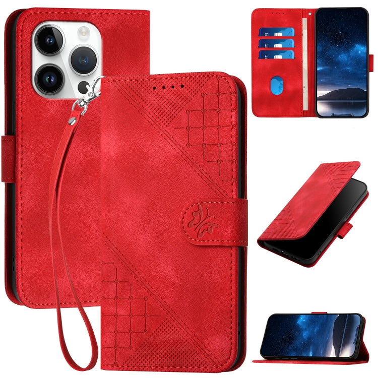 YX0080 Grid Butterfly Embossed Pattern Flip Leather Phone Case with Lanyard, For iPhone 15, For iPhone 14 Plus, For iPhone 14, For iPhone 14 Pro