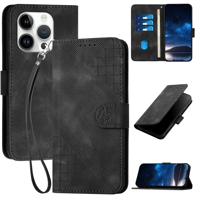 YX0080 Grid Butterfly Embossed Pattern Flip Leather Phone Case with Lanyard, For iPhone 15, For iPhone 14 Plus, For iPhone 14, For iPhone 14 Pro