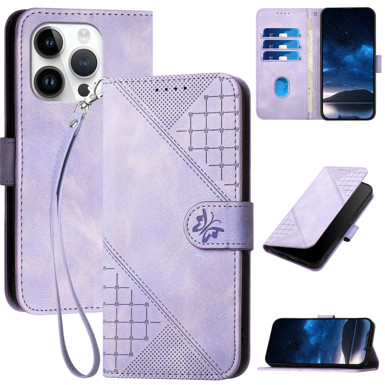 YX0080 Grid Butterfly Embossed Pattern Flip Leather Phone Case with Lanyard, For iPhone 15, For iPhone 14 Plus, For iPhone 14, For iPhone 14 Pro