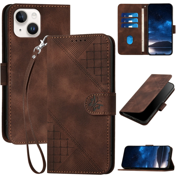 YX0080 Grid Butterfly Embossed Pattern Flip Leather Phone Case with Lanyard, For iPhone 13, For iPhone 13 mini, For iPhone 12 / 12 Pro, For iPhone 12 Pro Max