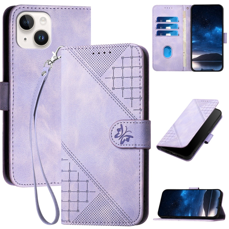 YX0080 Grid Butterfly Embossed Pattern Flip Leather Phone Case with Lanyard, For iPhone 13, For iPhone 13 mini, For iPhone 12 / 12 Pro, For iPhone 12 Pro Max