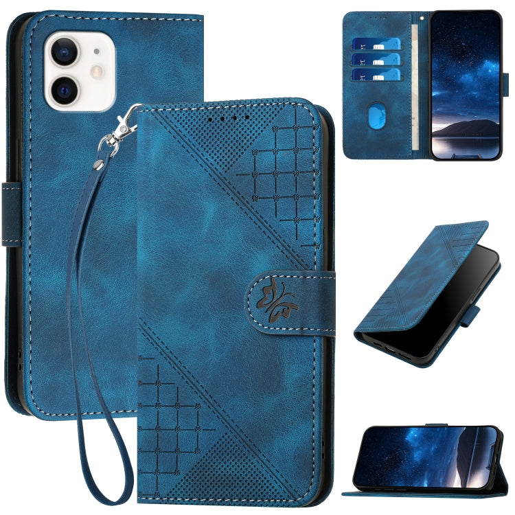 YX0080 Grid Butterfly Embossed Pattern Flip Leather Phone Case with Lanyard, For iPhone 13, For iPhone 13 mini, For iPhone 12 / 12 Pro, For iPhone 12 Pro Max