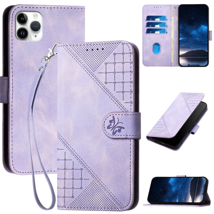 YX0080 Grid Butterfly Embossed Pattern Flip Leather Phone Case with Lanyard, For iPhone 12 mini, For iPhone 11 Pro Max, For iPhone 11, For iPhone 11 Pro