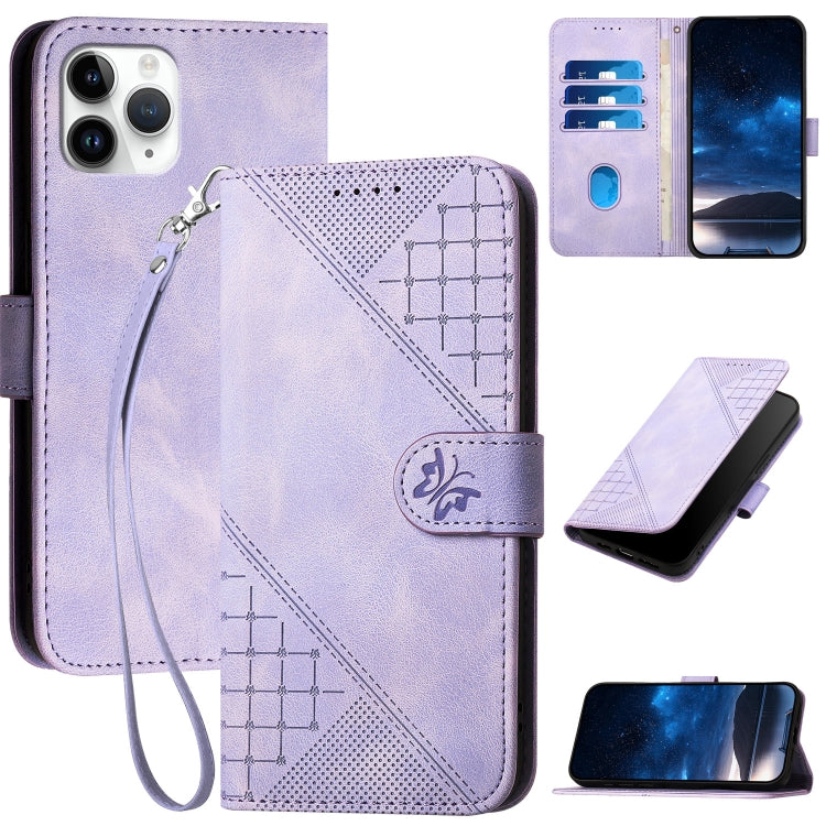 YX0080 Grid Butterfly Embossed Pattern Flip Leather Phone Case with Lanyard, For iPhone 12 mini, For iPhone 11 Pro Max, For iPhone 11, For iPhone 11 Pro