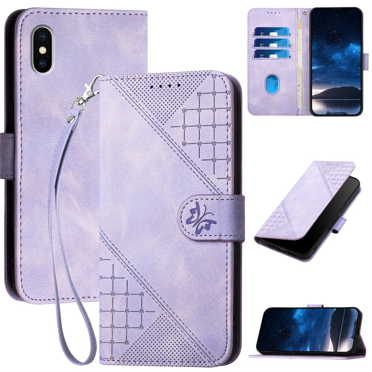 YX0080 Grid Butterfly Embossed Pattern Flip Leather Phone Case with Lanyard, For iPhone XS / X, For iPhone XR, For iPhone XS Max, For iPhone 8 Plus / 7 Plus