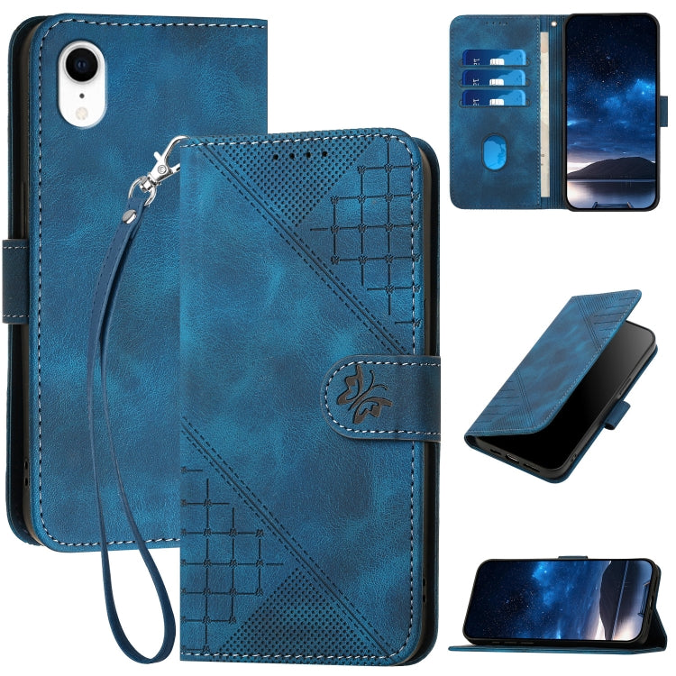 YX0080 Grid Butterfly Embossed Pattern Flip Leather Phone Case with Lanyard, For iPhone XS / X, For iPhone XR, For iPhone XS Max, For iPhone 8 Plus / 7 Plus