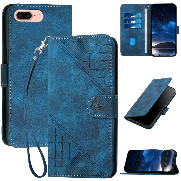 YX0080 Grid Butterfly Embossed Pattern Flip Leather Phone Case with Lanyard, For iPhone XS / X, For iPhone XR, For iPhone XS Max, For iPhone 8 Plus / 7 Plus