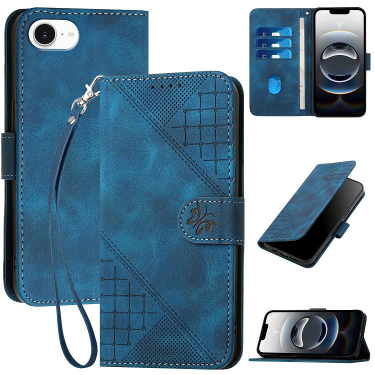 YX0080 Grid Butterfly Embossed Pattern Flip Leather Phone Case with Lanyard, iPhone 16e, For iPhone 16 Pro Max, For iPhone 16 Pro, For iPhone 16 Plus