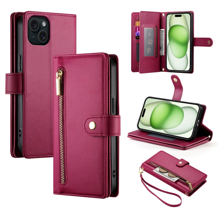 Nine Card-slot Zipper Wallet Bag Leather Phone Case, For iPhone 16, For iPhone 15 Pro Max, For iPhone 15 Pro, For iPhone 15 Plus