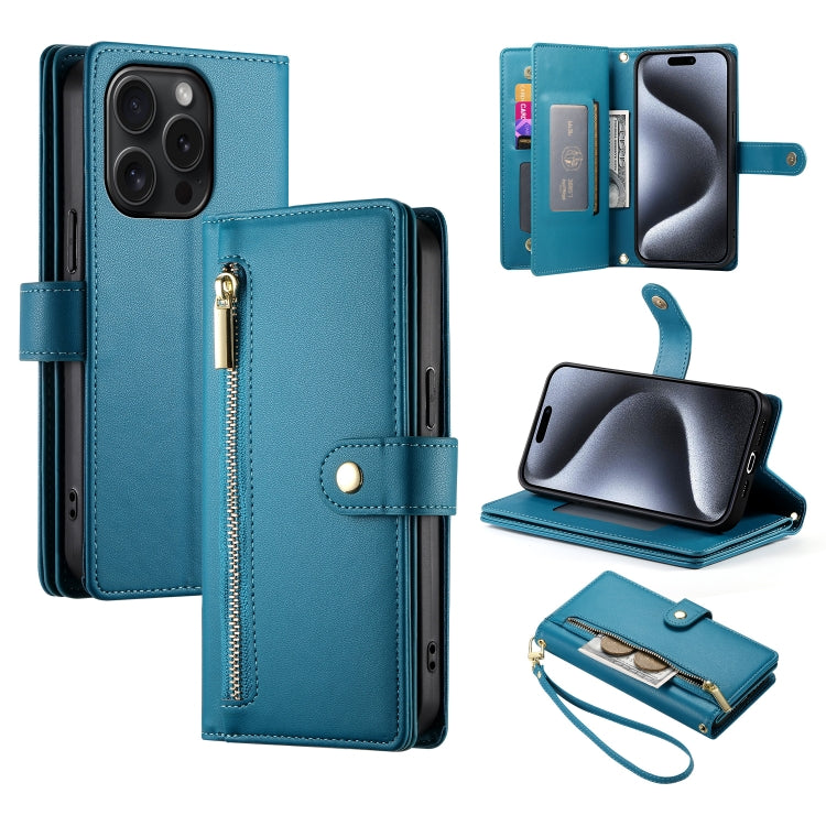 Nine Card-slot Zipper Wallet Bag Leather Phone Case, For iPhone 16, For iPhone 15 Pro Max, For iPhone 15 Pro, For iPhone 15 Plus