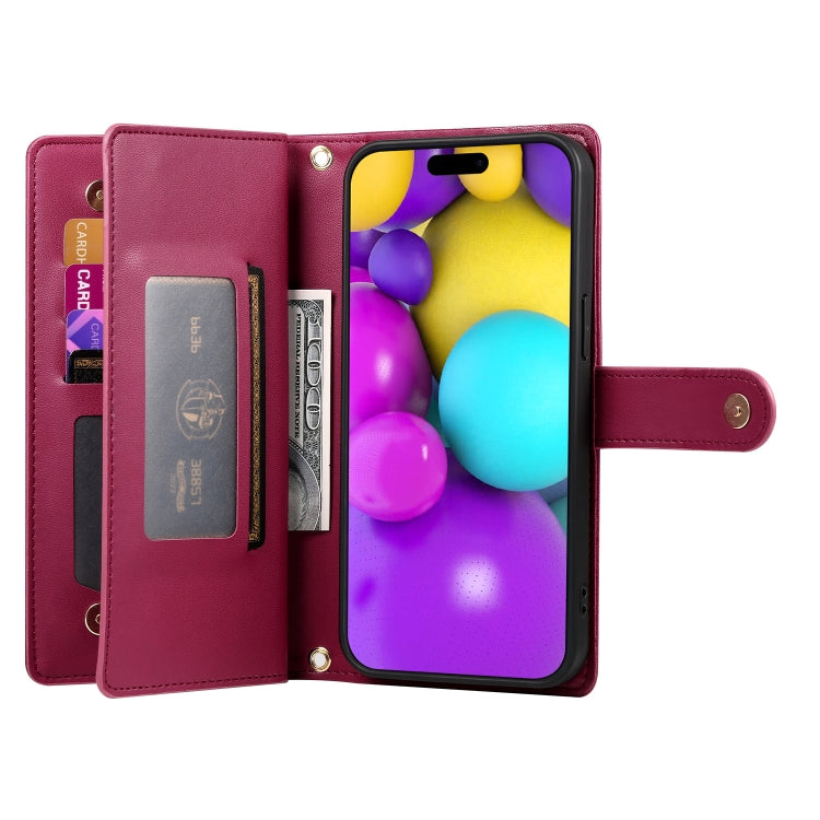 Nine Card-slot Zipper Wallet Bag Leather Phone Case, For iPhone 16, For iPhone 15 Pro Max, For iPhone 15 Pro, For iPhone 15 Plus