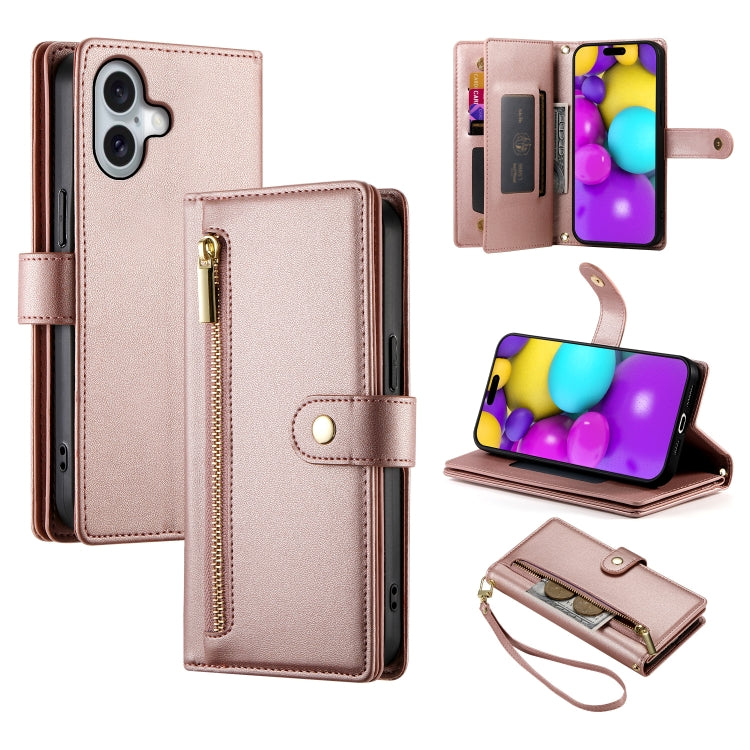 Nine Card-slot Zipper Wallet Bag Leather Phone Case, For iPhone 16e, For iPhone 16 Pro Max, For iPhone 16 Pro, For iPhone 16 Plus