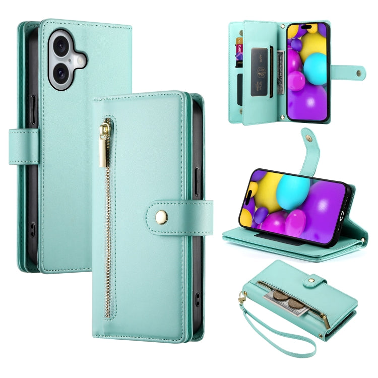 Nine Card-slot Zipper Wallet Bag Leather Phone Case, For iPhone 16e, For iPhone 16 Pro Max, For iPhone 16 Pro, For iPhone 16 Plus