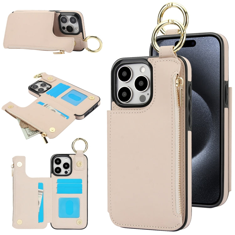RFlD Anti-theft Double Buckle Ring Zipper Card Phone Case, For iPhone 16, For iPhone 15 Pro Max, For iPhone 15 Pro