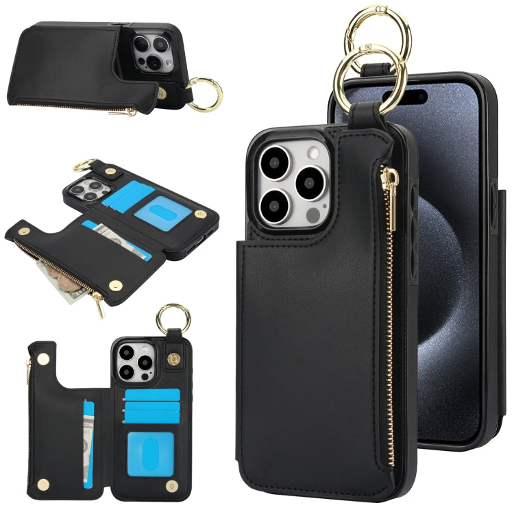 RFlD Anti-theft Double Buckle Ring Zipper Card Phone Case, For iPhone 16, For iPhone 15 Pro Max, For iPhone 15 Pro