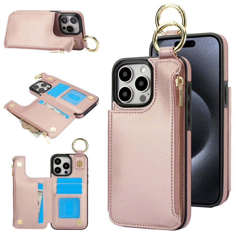RFlD Anti-theft Double Buckle Ring Zipper Card Phone Case, For iPhone 16, For iPhone 15 Pro Max, For iPhone 15 Pro