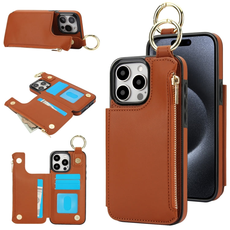 RFlD Anti-theft Double Buckle Ring Zipper Card Phone Case, For iPhone 16, For iPhone 15 Pro Max, For iPhone 15 Pro