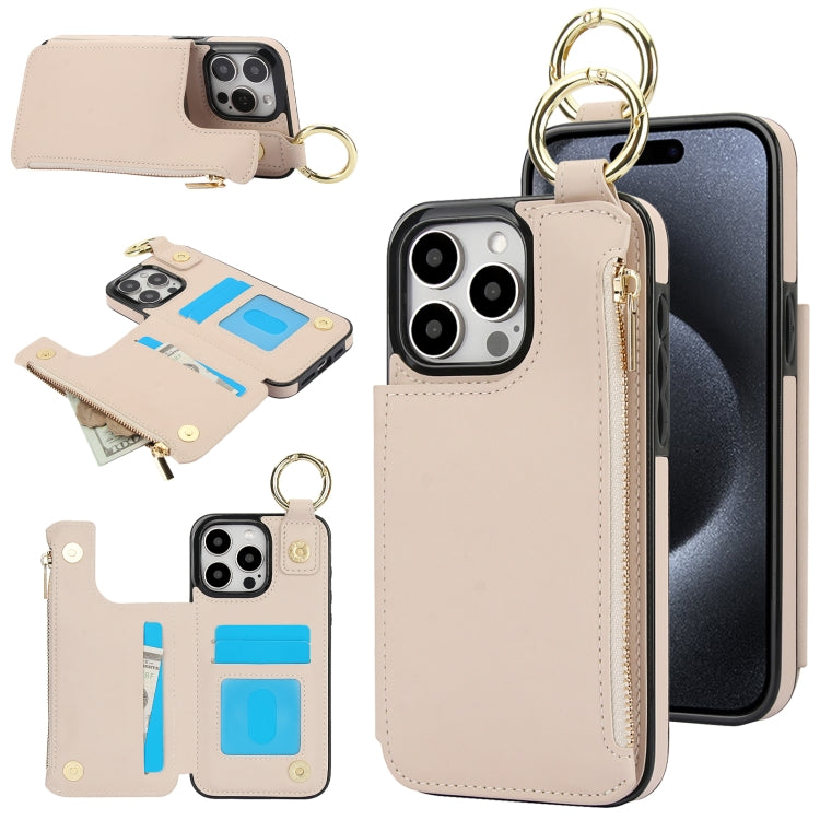 RFlD Anti-theft Double Buckle Ring Zipper Card Phone Case, For iPhone 16, For iPhone 15 Pro Max, For iPhone 15 Pro