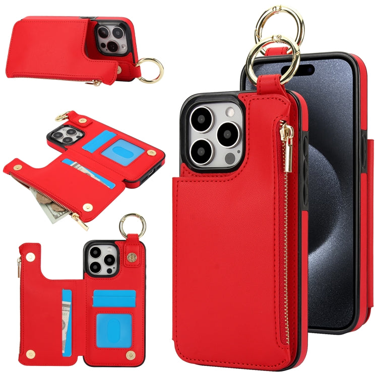 RFlD Anti-theft Double Buckle Ring Zipper Card Phone Case, For iPhone 16, For iPhone 15 Pro Max, For iPhone 15 Pro