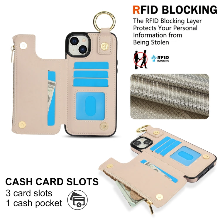RFlD Anti-theft Double Buckle Ring Zipper Card Phone Case, For iPhone 15 Plus, For iPhone 15, For iPhone 14 Plus