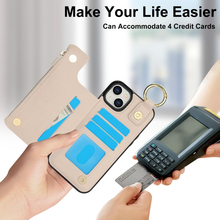 RFlD Anti-theft Double Buckle Ring Zipper Card Phone Case, For iPhone 15 Plus, For iPhone 15, For iPhone 14 Plus
