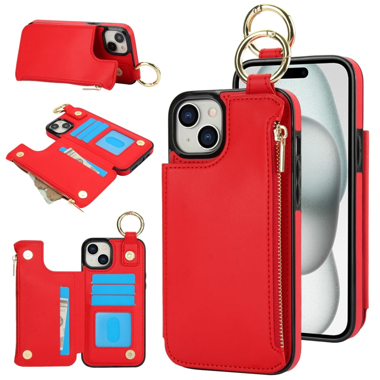 RFlD Anti-theft Double Buckle Ring Zipper Card Phone Case, For iPhone 15 Plus, For iPhone 15, For iPhone 14 Plus
