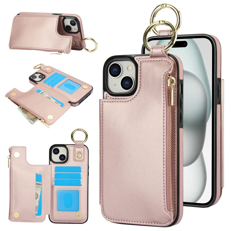 RFlD Anti-theft Double Buckle Ring Zipper Card Phone Case, For iPhone 15 Plus, For iPhone 15, For iPhone 14 Plus
