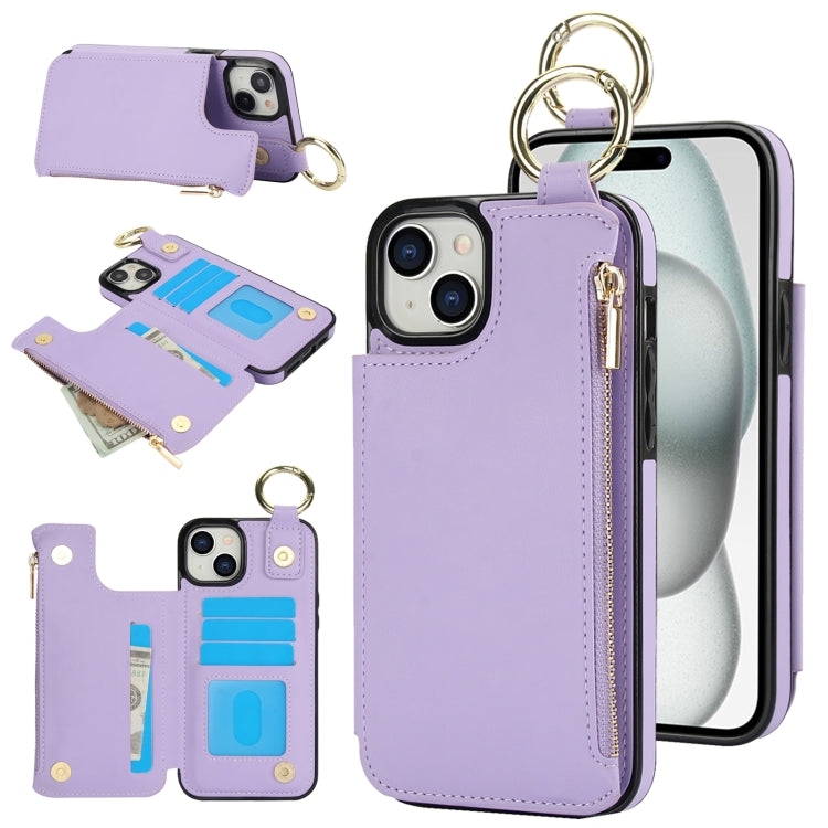 RFlD Anti-theft Double Buckle Ring Zipper Card Phone Case, For iPhone 15 Plus, For iPhone 15, For iPhone 14 Plus